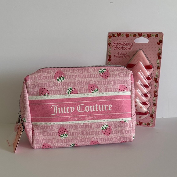 Juicy Couture Handbags - ☀️Juicy Couture Pink Strawberry Print Cosmetic Bag with Makeup Puffs Bundle.